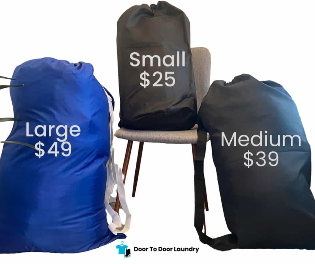Three laundry bags with prices: Small, Medium, Large